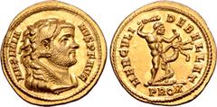 Roman Imperial Maximian AV Aureus. Rome, AD 293-294. MAXIMIANVS P F AVG, bust of Maximian to right, wearing lion skin headdress / HERCVLI DEBELLAT, Hercules standing to right battling the Lernaean Hyd