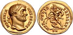 Roman Imperial Maximian AV Aureus. Rome, AD 293-294. MAXIMIANVS P F AVG, laureate head right / HERCVLI DEBELLAT, Hercules standing left, fighting Hydra with club in right hand; PR in exergue. RIC -, f