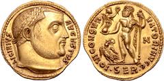 Roman Imperial Licinius I AV Aureus. Serdica, AD 313-314. LICINIVS AVGVSTVS, laureate head right / IOVI CONSERVATORI AVGG, Jupiter standing left, chlamys over left shoulder, holding Victory on globe a