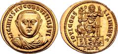 Roman Imperial Licinius I AV Aureus. Nicomedia, AD 321-322. LICINIVS AVG OB D V FILII SVI, bare-headed, draped, and cuirassed bust facing / IOVI CONS LICINI AVG, Jupiter, holding Victory on globe in r