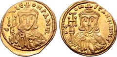 Byzantine Leo III 'the Isaurian', with Constantine V, AV Solidus. Constantinople, AD 745-750. C LЄON P A MЧL, crowned and draped bust of Leo facing, holding cross potent and akakia / CONSƮANƮINЧ S, cr
