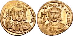 Byzantine Leo III 'the Isaurian', with Constantine V, AV Solidus. Constantinople, AD 745-750. C LЄON P A MЧL, crowned and draped bust of Leo facing, holding cross potent and akakia / N CONSƮANƮINЧ, cr