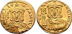 Byzantine Leo III 'the Isaurian', with Constantine V, AV Solidus. Constantinople, AD 745-750. C LЄON P A MЧL•, crowned and draped bust of Leo facing, holding cross potent and akakia / N CONSƮANƮINЧ, c