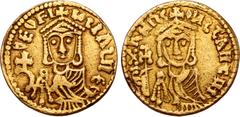 Byzantine Theophilus, with Michael II and Constantine, AV Solidus. Naples, AD 831-842. ΘЄOFILOƧ bAƧILIIЄΘ, bust of Theophilus facing, wearing crown and chlamys and holding globus cruciger and akakia /