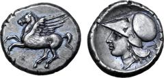 Greek Corinthia, Corinth AR Stater. Circa 345-307 BC. Pegasos flying to left / Helmeted head of Athena to left; axe behind. Pegasi 494; BCD Corinth 139. 8.54g, 21mm, 3h. Good Very Fine; attractive cab