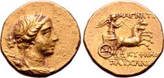 Greek Ionia, Magnesia ad Maeandrum AV Stater. Circa 155-140 BC. Euphemos, son of Pausanias, magistrate. Draped bust of Artemis to right, wearing stephane, and with bow and quiver over shoulder / Nike,