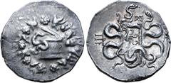 Greek Mysia, Pergamon AR Cistophoric Tetradrachm. Circa 123-104 BC. Serpent emerging from cista mystica; all within ivy wreath / Two serpents entwined around bow and bowcase; monogram above, civic mon