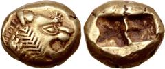 Greek Kingdom of Lydia, Alyattes EL Trite - 1/3 Stater. Sardes, circa 610-546 BC. Head of roaring lion to right, sunburst with five rays on forehead / Two incuse square punches. GRPC Lydia G25; Weidau