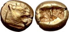 Greek Kingdom of Lydia, Alyattes EL Trite - 1/3 Stater. Sardes, circa 610-546 BC. Head of roaring lion to right, sunburst with four(?) rays on forehead / Two incuse square punches. GRPC Lydia G24; Wei