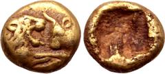 Greek Kingdom of Lydia, Kroisos AV 1/24 Stater. Heavy standard. Sardes, 550-520 BC. Confronted foreparts of roaring lion to right, with extended foreleg, and bull to left / Incuse square. GRPC Lydia G