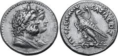 Greek Ptolemaic Kingdom of Egypt, Ptolemy IV Philopator AR Tetradrachm. Alexandria, circa 217-215/0 BC. Jugate draped busts to right of Serapis, wearing laurel wreath and atef crown, and Isis, wearing