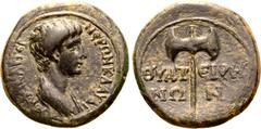 Roman Provincial Nero Æ 18mm of Thyateira, Lydia. AD 50-54. NЄPΩN KΛAYΔI [KAICAP] GЄP, bare-headed and draped bust to right / ΘYPATEIPHNΩN, bipennis. GRPC Lydia 145; RPC I 2381; SNG Copenhagen 595; BM