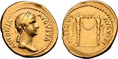 Roman Imperial Antonia Minor (mother of Claudius I) AV Aureus. Rome, AD 41-45. ANTONIA AVGVSTA, draped bust of Antonia as Ceres right, wearing wreath of corn ears / SACERDOS DIVI AVGVSTI, two long tor