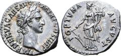 Roman Imperial Nerva AR Denarius. Rome, AD 97. IMP NERVA CAES AVG P M TR P COS III P P, laureate head to right / FORTVNA AVGVST, Fortuna standing left, holding rudder and cornucopiae. RIC II 16; BMCRE