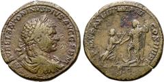 Roman Imperial Caracalla Æ Sestertius. Rome, AD 215. M AVREL ANTONINVS PIVS AVG GERM, laureate, draped and cuirassed bust to right / P M TR P XVIII [IMP III] COS IIII P P, Isis standing to right, hold
