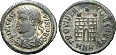 Roman Imperial Crispus, as Caesar, BI Nummus. Nicomedia, AD 325-326. FL IVL CRISPVS NOB C, laureate, draped and cuirassed bust to left / PROVIDENTIAE CAESS, camp gate with six rows, no doors and two t