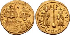 Byzantine Constans II, with Constantine IV, Heraclius, and Tiberius, AV Solidus. Constantinople, AD 659-662. ∂ N COИTANIT, crowned and draped facing busts of Constans on left, and Constantine; cross a