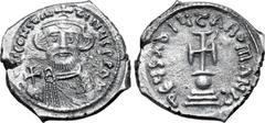 Byzantine Constans II AR Hexagram. Constantinople, AD 648-652. ∂N CONSƮANƮINЧS P P AV, crowned and cuirassed bust facing, wearing chlamys and holding globus cruciger / ∂ЄЧS A∂IЧZA ROMANIS, cross poten
