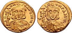 Byzantine Leo III 'the Isaurian', with Constantine V, AV Solidus. Constantinople, AD 745-750. C LЄON P A MЧL, crowned and draped bust of Leo facing, holding cross potent and akakia / C CONSƮANƮINЧ, cr