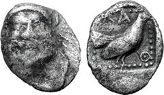 Greek Lesbos, Methymna AR Hemiobol or Tetartemorion. Circa 500/480-460 BC. Facing head of Silenos / Cock standing to right, MAΘ around, within dotted square border; all within incuse square. HGC 6, 89