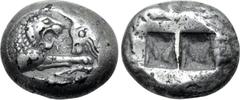 Greek Kingdom of Lydia, Kroisos AR Stater - Double Siglos. Sardes, circa 561-546 BC. Confronted foreparts of lion to right and bull to left / Two incuse squares of unequal size. GRPC Lydia S1; Berk 20