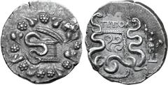 Greek Lydia, Tralleis AR Cistophoric Tetradrachm. Ptol-, magistrate. Dated CY 2 = 132/1 BC. Serpent emerging from cista mystica; all within ivy wreath / Two serpents entwined around bow and bowcase; Π