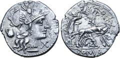 Selections from the Andrew McCabe Collection Sex. Pompeius Fostlus AR Denarius. Rome, 137 BC. Helmeted head of Roma to right; behind, jug; X below chin / SEX•PO FOSTLVS, below, ROMA, she-wolf standing