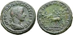 Roman Imperial Gordian III Æ As or Medalette(?). Rome, AD 241. IMP GORDIANVS PIVS FEL AVG, laureate, draped and cuirassed bust to right / PONTIFEX MAX TR P IIII, emperor, holding branch and eagle-tipp