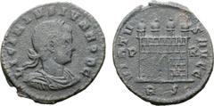 Roman Imperial Licinius II (son of Licinius I), as Caesar, BI Nummus. Rome, AD 318-319. LICINIVS IVN NOB C, laureate, draped and cuirassed bust to right / VIRTVS AVGG, camp-gate with open doors and fo