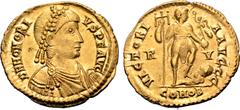 Roman Imperial Honorius AV Solidus. Ravenna, AD 395-423. D N HONORIVS P F AVG, pearl-diademed, draped and cuirassed bust to right / VICTORIA AVGGG, emperor standing to right, left foot on captive, hol