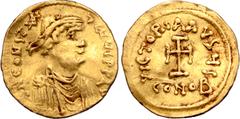 Byzantine Constans II AV Tremissis. Constantinople, AD 641-666. ∂N CONSƮANƮINЧS PP AV, diademed, draped and cuirassed bust to right / VICTORIA AVϚЧ S, cross potent on base; CONOB in exergue. MIB 51; D
