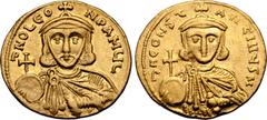 Byzantine Leo III 'the Isaurian', with Constantine V, AV Solidus. Constantinople, AD 724-731. ∂ NO LЄON P A MЧL, crowned bust of Leo facing, wearing chlamys, holding globus cruciger and akakia / ∂ N C
