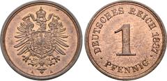Medieval & World Germany, Empire. Wilhelm I CU 1 Pfennig. Berlin mint, 1887A. Dies by Emil Weigand. Imperial Eagle, shield on chest, A A below / Denomination; •DEUTSCHES REICH 1887• above, PFENNIG bel