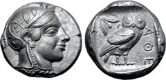 Greek Attica, Athens AR Tetradrachm. Circa 454-440 BC. Late "transitional" issue. Head of Athena to right, wearing crested Attic helmet ornamented with three olive leaves above visor and spiral palmet