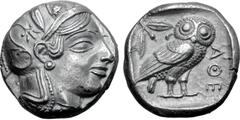 Greek Attica, Athens AR Tetradrachm. Circa 454-440 BC. Late "transitional" issue. Head of Athena to right, wearing crested Attic helmet ornamented with three olive leaves above visor and spiral palmet
