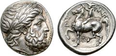 Greek Kingdom of Macedon, Philip II AR Tetradrachm. Pella, circa 354-349/8 BC. Laureate head of Zeus right / ΦΙΛΙΠΠΟΥ, Philip on horseback left, raising hand; Δ below raised foreleg, star below belly.