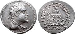 Greek Greco-Baktrian Kingdom, Plato AR Tetradrachm. Circa 145-140 BC. Diademed and draped bust to right / ΒΑΣΙΛΕΩΣ ΕΠΙΦΑΝΟΥΣ ΠΛΑΤΩΝΟΣ, radiate figure of Helios standing facing on quadriga; monogram to