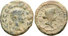 Roman Provincial Augustus, with Livia, Æ 19mm of Nysa, Lydia. 27 BC-AD 14. Bare head to right within wreath / NYCAЄΩN, head of Livia to right. GRPC Lydia 60; RPC I 2662; SNG Copenhagen 312-3. 5.44g, 1