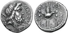 Roman Republic Cn. Nerius, L. Lentulus and Claudius Marcellus AR Denarius. Rome, 49 BC. Head of Saturn right, harpa over shoulder; NERI•Q•VRB (ligate) downwards before / Aquila between two signa inscr