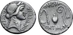 Roman Imperatorial Julius Caesar AR Denarius. Uncertain mint, 46 BC. Head of Ceres right, wearing grain ear wreath; COS•TERT downwards behind, DICT•ITER upwards before / Emblems of the augurate and po