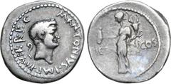 Roman Imperatorial Marc Antony AR Denarius. Military mint moving with Antony, 41 BC. Bare head to right, lituus behind, M•ANTONIVS•IMP•III•VIR•R•P•C• around / Pietas standing to left, holding turibulu