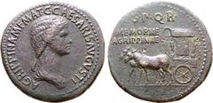 Roman Imperial Agrippina I (mother of Caligula) Æ Sestertius. Rome, circa AD 37-41. AGRIPPINA M F MAT C CAESARIS AVGVSTI, draped bust to right / Carpentum, with ornamented side and cover supported by 