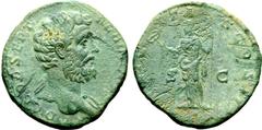 Roman Imperial Clodius Albinus, as Caesar, Æ Sestertius. Rome, AD 194-195. D CLOD SEPT ALBIN C[AES], bare bust to right, drapery on far shoulder / [FELI]CITAS COS II, Felicitas standing facing, head t