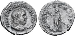 Roman Imperial Balbinus AR Denarius. Rome, circa April-June AD 238. IMP C D CAEL BALBINVS AVG, laureate, draped and cuirassed bust to right / P M TR P COS II P P, Emperor, togate, standing to left, ho