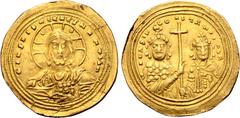 Byzantine Basil II Bulgaroktonos, with Constantine VIII, AV Histamenon Nomisma. Constantinople, AD 1019-1025. ⧾ IҺS XIS RЄX RЄGNANTIҺM, bust of Christ facing, wearing nimbus with crescents in upper qu