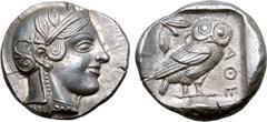 Greek Attica, Athens AR Tetradrachm. Circa 454-440 BC. Late "transitional" issue. Head of Athena to right, wearing crested Attic helmet ornamented with three olive leaves above visor and spiral palmet