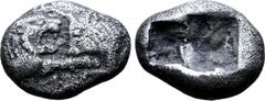 Greek Kingdom of Lydia, Kroisos AR 1/6 Stater. Sardes, circa 564-539 BC. Confronted foreparts of lion right and bull left / Two incuse square punches of unequal size. GRPC Lydia S6; Berk 25; Traité -;