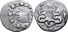 Greek Lydia, Tralleis AR Cistophoric Tetradrachm. Circa 133 BC. Serpent emerging from cista mystica; the whole within wreath / Two serpents entwined around bow and bowcase; TIME above, [TR]AΛ to left,