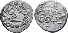 Greek Lydia, Tralleis AR Cistophoric Tetradrachm. Ptol-, magistrate. Dated CY 2 = 132/1 BC. Serpent emerging from cista mystica; the whole within wreath / Two serpents entwined around bow and bowcase;