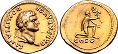 Roman Imperial Domitian, as Caesar, AV Aureus. Rome, AD 77-78. CAESAR AVG F DOMITIANVS, laureate head to right / Captive kneeling to right, offering up standard with vexillum; COS V in exergue. RIC II